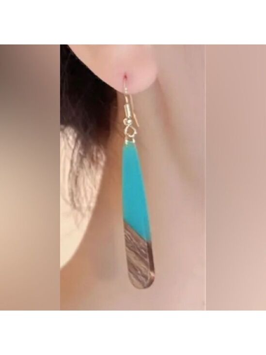 Jewelry - Wood Turquoise Resin Two Tone Tear Drop Dangle Earrings Boho